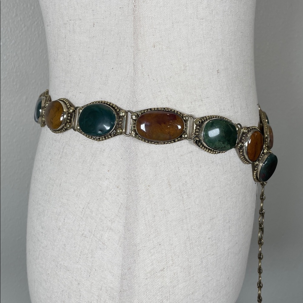 Antique Southwestern Navajo Victorian Specimen Agate Chunky Metal Chain Belt - Picture 4 of 17